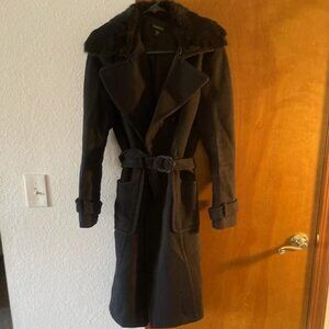 Rare Y2k BEBE Black Wool Maxi Trench Coat-Genuine Rabbit Removable Fur Collar-M